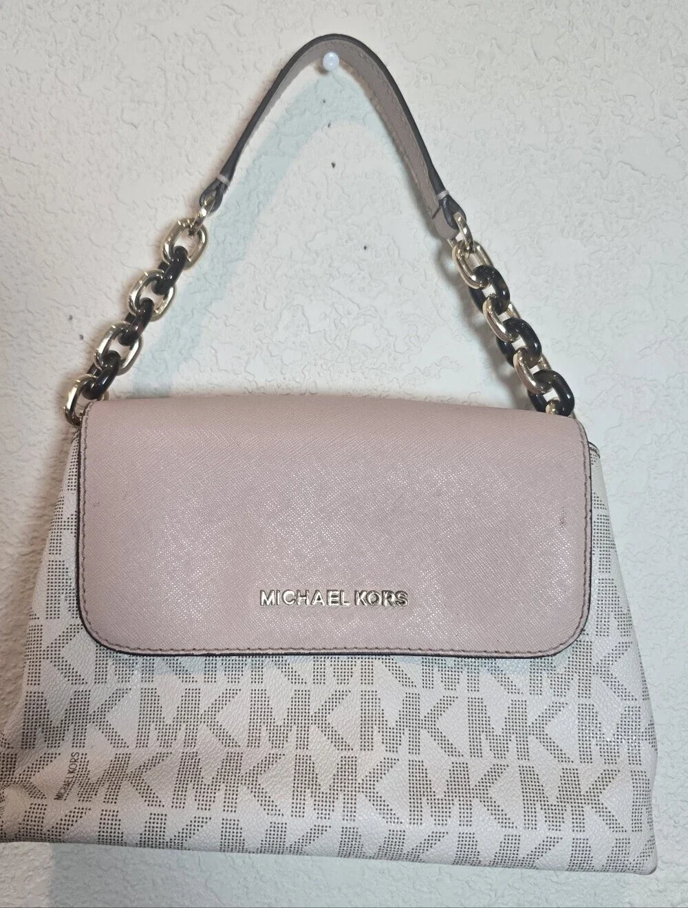 Michael Kors Pale Pink Logo-Print Shoulder Bag with Gold Accents